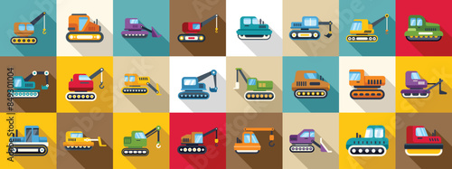 crawler icons set. Set of colorful icons representing various construction vehicles, ideal for illustrating building or demolition projects