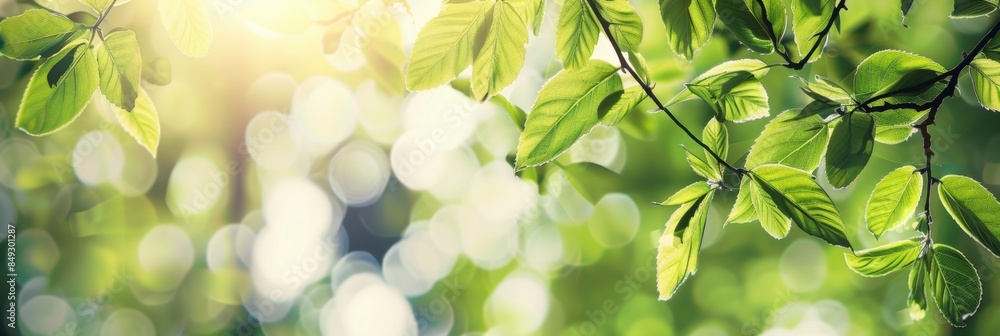 Spring nature background with green leaves in a forest over a blurred bokeh light of a sunny day. Spring nature background with green leaves in a forest over a blurred bokeh light of a sunny day.