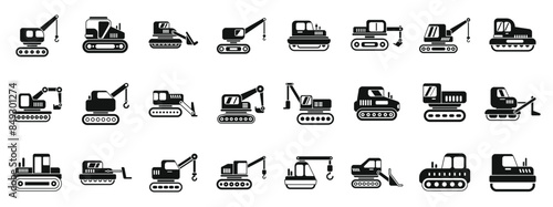 crawler icons set. Black icons representing heavy machinery working on a construction site