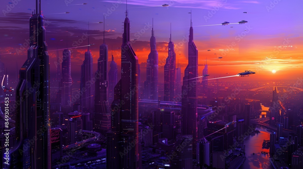 Fototapeta premium A sleek, futuristic cityscape with towering skyscrapers and flying cars, set against a mesmerizing gradient sunset transitioning from deep purple to fiery orange.