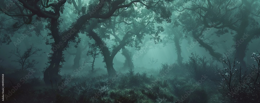 Fototapeta premium Mystical forest shrouded in fog, 4K hyperrealistic photo