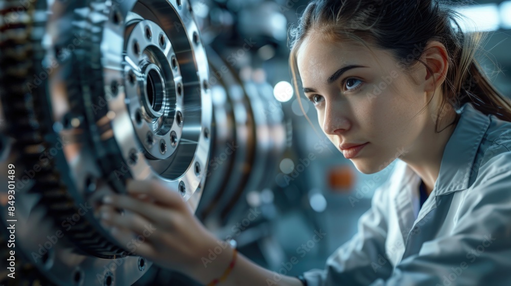 Female Engineer Inspecting Machinery Components in Industrial Setting Female Engineer Inspecting Machinery Components in Industrial Setting