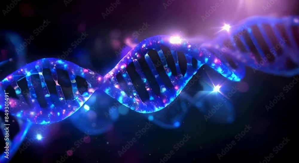 Glowing double helix DNA in vibrant blue and purple lights against a dark background scientific illustration genetics concept