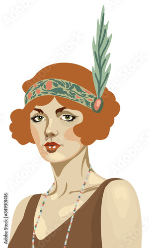 Flapper girl. Art deco vintage portrait. Vector isolated on white background