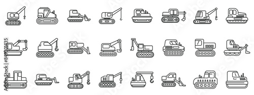 crawler icons set. Set of construction machines icons showing excavators, bulldozers, cranes, and other heavy equipment for building and demolition