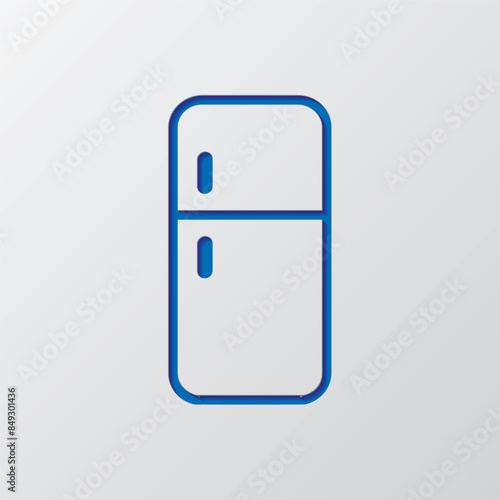 Refrigerator simple icon vector. Flat design. Paper cut design. Cutted blue symbol with shadow. Gray background