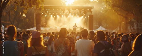 Group of people enjoying an outdoor concert in a park, stage and crowd, 4K hyperrealistic photo.