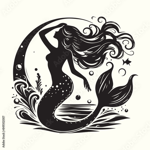 Black and white mermaid silhouette vector illustration.