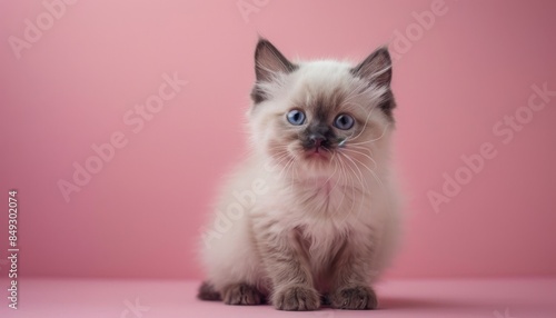 A cute Ragdoll sitting on a solid pastel background with space above for text © Pornnapha