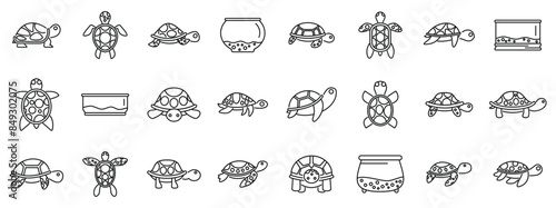 turtle pet icons set. Set of various turtle poses crawling and swimming in terrarium line art icons
