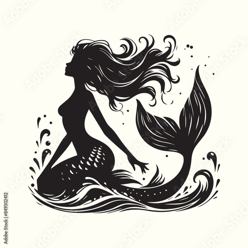 Black and white mermaid silhouette vector illustration.