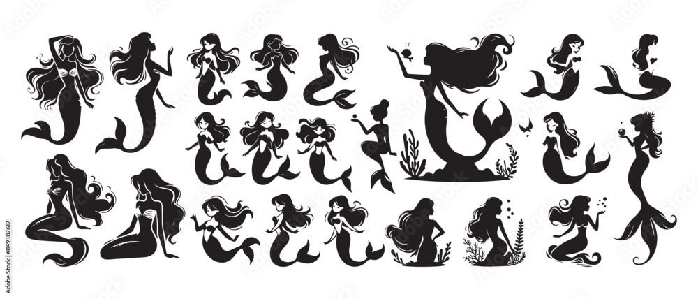 Set of Black and white mermaid silhouettes vector illustration. Set of Black and white mermaid silhouettes vector illustration.