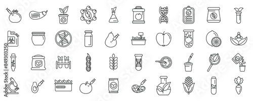genetic modification in agriculture icons set. Scientists modifying food genetically in laboratory using scientific equipment and chemicals