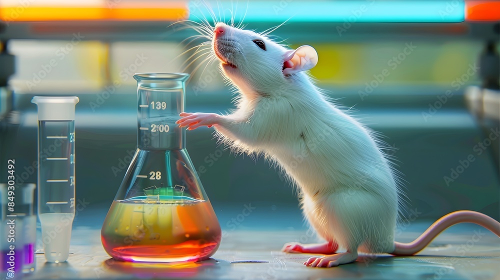 Lab Rats Cups Albino Lab Rat Examining Beaker of Colorful Liquid in Sterile ...