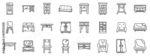 broken furniture icons set. Broken furniture set with damaged old sofa, chair, table, cupboard, and wardrobe line icons
