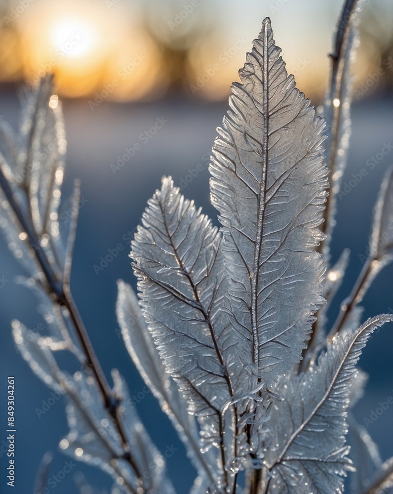 Obraz premium A detailed macro shot of intricate frost patterns on a windowpane, beautifully capturing the delicate ice crystals in the morning light.