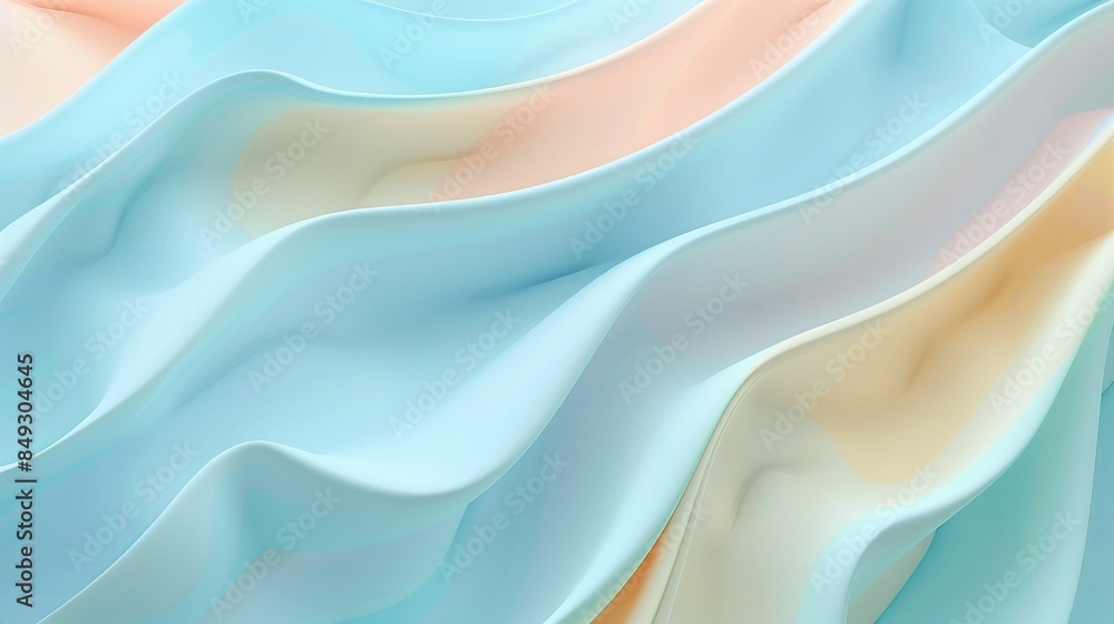 Obraz premium A tranquil composition of pastel waves in baby blue, light coral, and pale yellow, flowing effortlessly with a soothing rhythm.
