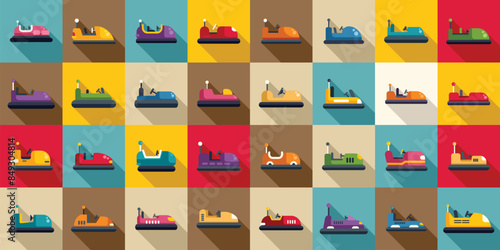 bumper cars attraction icons set. Colorful bumper cars set showing an amusement park ride with different colors and designs