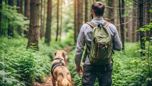 Man and Dog on Hiking Trail - A man hiking through a forest trail with his adventurous dog by his side, both looking ahead