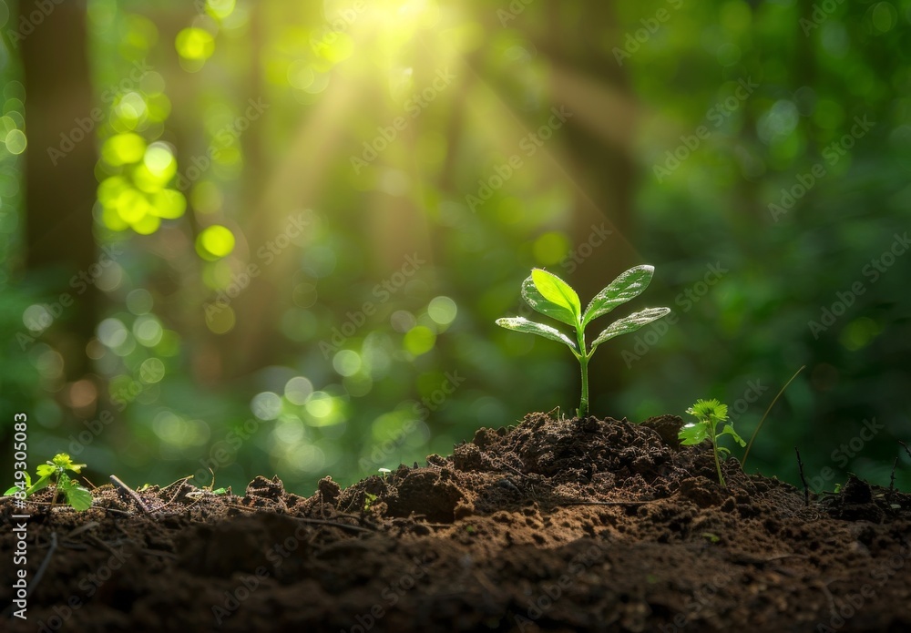 Fototapeta premium Sprout growth. Spring green life. Grow young tree. Fresh growing forest. Ecology gardening on ground. Seedling botany concept. Young environmental leaf