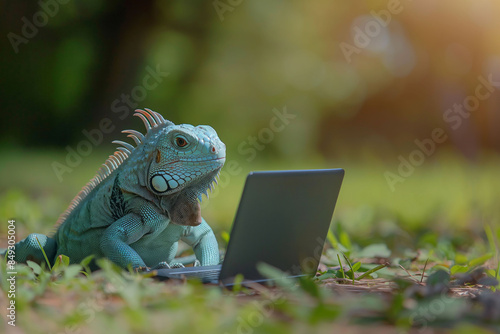 Meme An iguana peers over a laptop in a forest setting, creating a comical yet thought provoking image of wildlife using modern technology. Copy space