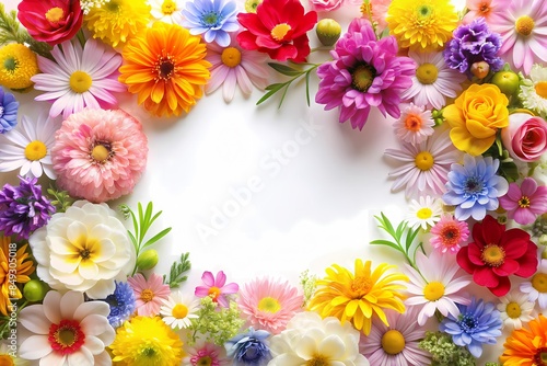 Frame Of Colorful Flowers Isolated On White Background. Floral Arrangement With Copy Space.
