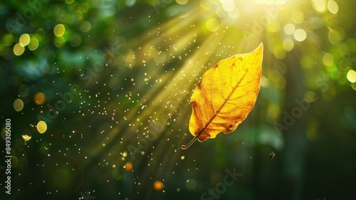 Leaf falling from the tree, receiving rays Leaves falling in autumn season background.
