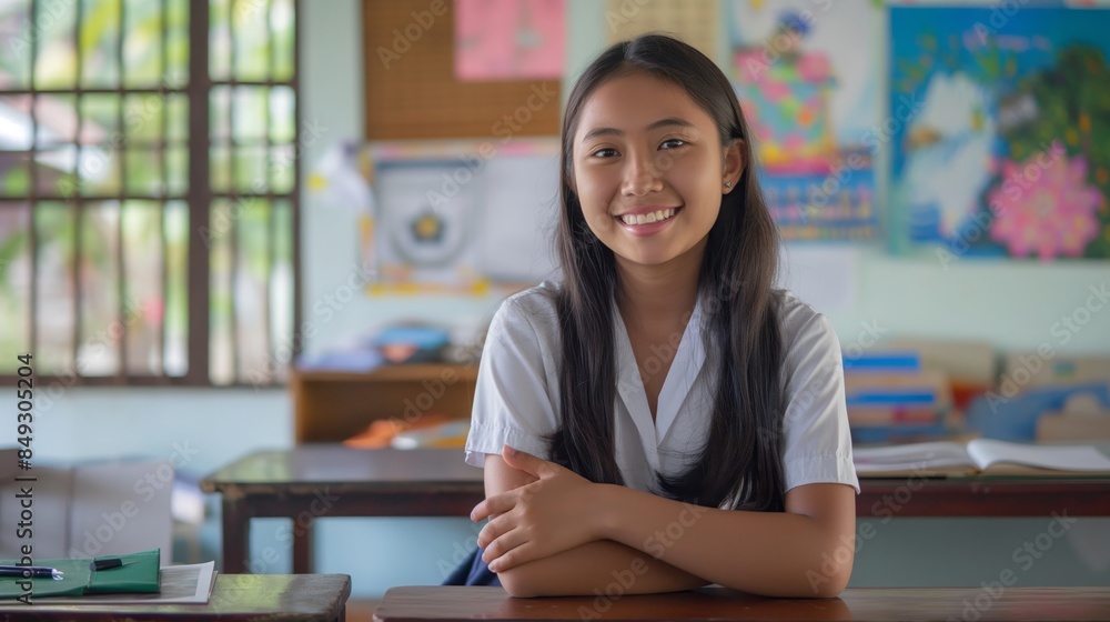 Indonesian High School Girl Smiling in Classroom, Education, Diversity, Youth, Happiness, Stock Photo for Brochure and Website Use Indonesian High School Girl Smiling in Classroom, Education, Diversity, Youth, Happiness, Stock Photo for Brochure and Website Use