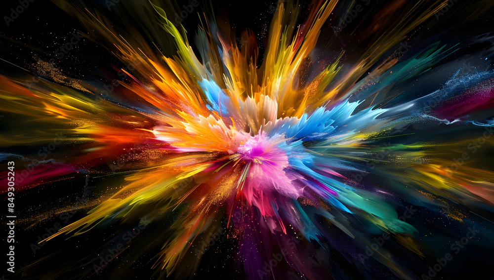 Obraz premium Abstract colorful explosion of paint on black background. Dynamic and vibrant artistic design.