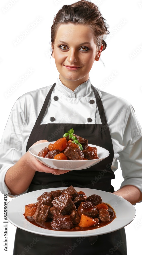 Female restaurant employee serves beef bourguignon Female restaurant employee serves beef bourguignon