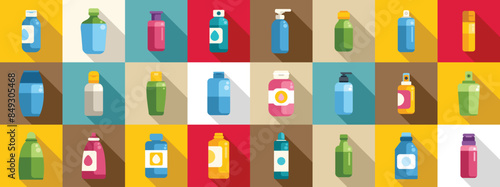 Micellar water icons set. Colorful shampoo bottles forming a pattern are showcasing a variety of hair and body products