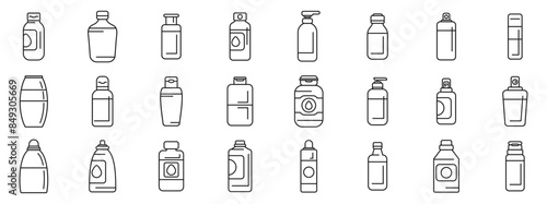 Micellar water icons set. Diverse set of cosmetic bottles, showcasing various designs for lotions, creams, and oils, perfect for beauty and skincare applications
