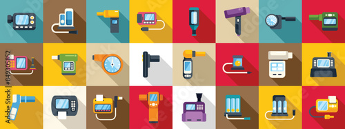 spirometer icons set. Collection of colorful icons depicting various medical devices used for diagnosis and treatment, featuring a glucometer, sphygmomanometer, nebulizer, and ultrasound scanner