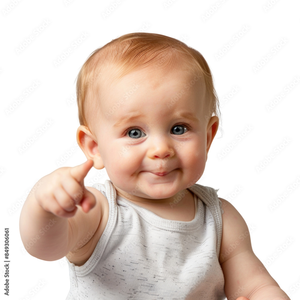 Lovey baby pointing to choose and press white background Lovey baby pointing to choose and press white background