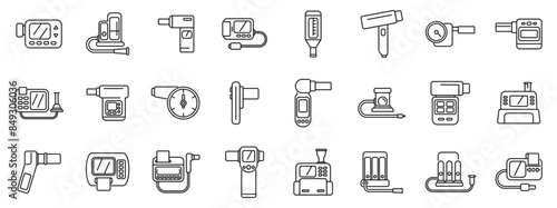 spirometer icons set. Line icons of various medical devices used for diagnosis and treatment in healthcare settings