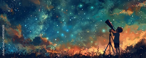 Boy looking through a telescope at the stars, night sky, sense of wonder, digital painting, high resolution photo