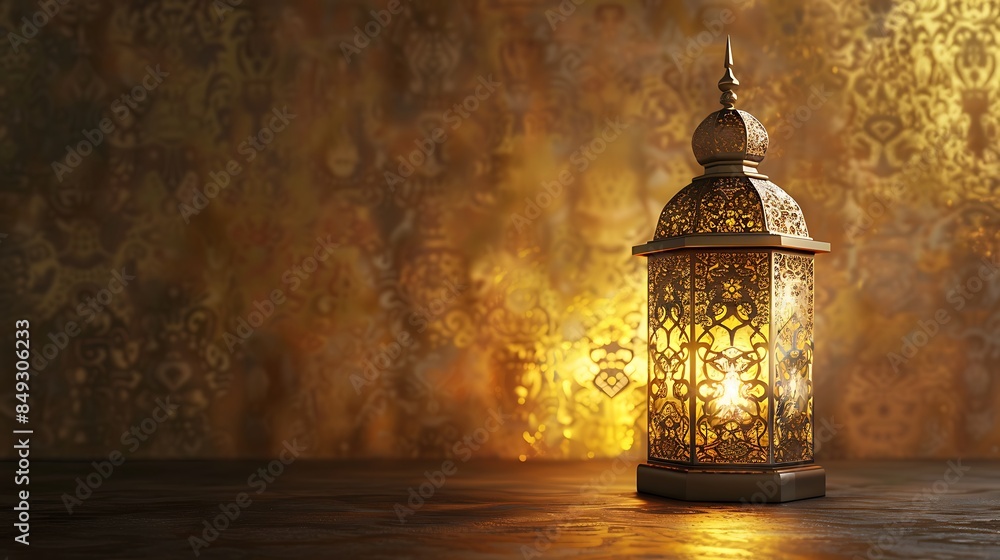 Fototapeta premium Shining Islamic Gold Lantern on Gold Floor and Wall Background : Suitable for Be Used in Blog Posts, Social Media Posts or Website Content Related to Islamic Theme.