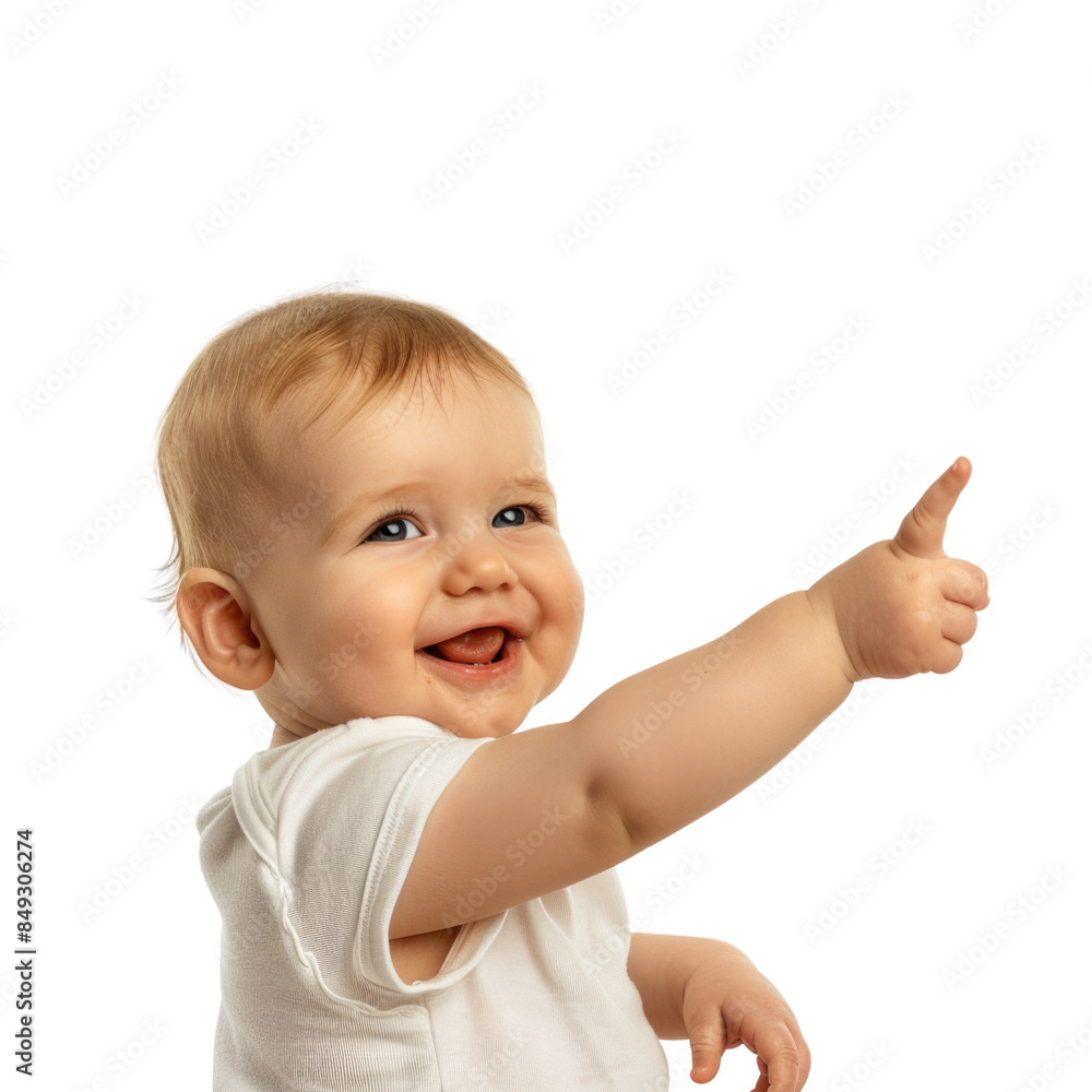 Lovey baby pointing to choose and press white background Lovey baby pointing to choose and press white background