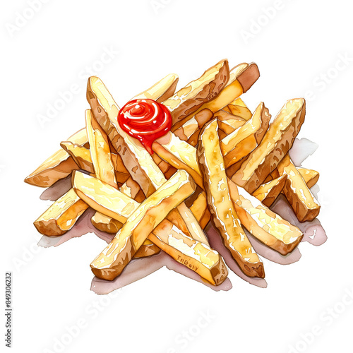 Watercolor illustration of a pile of French fries, French fries, with ketchup on a white background.