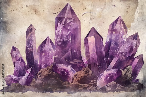 vintagestyle amethyst crystal illustration with intricate details and rich purple hues on textured background oldstyle illustration photo