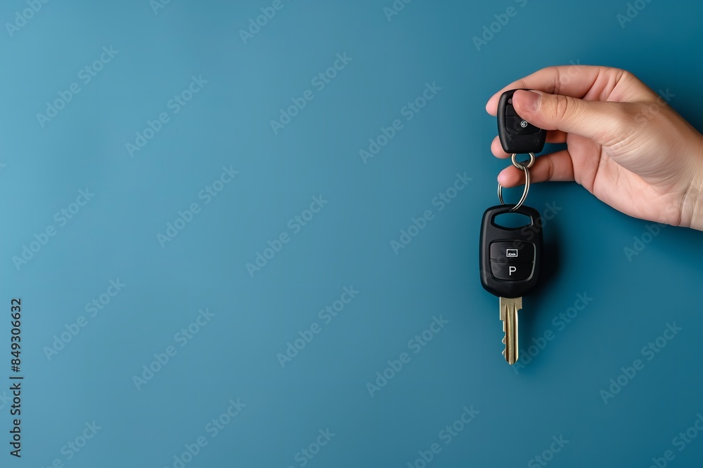 Purchasing, leasing, renting, or purchasing a car, with the vehicle and its keys in hand against a blue backdrop, with copy space, Generative AI. Purchasing, leasing, renting, or purchasing a car, with the vehicle and its keys in hand against a blue backdrop, with copy space, Generative AI.