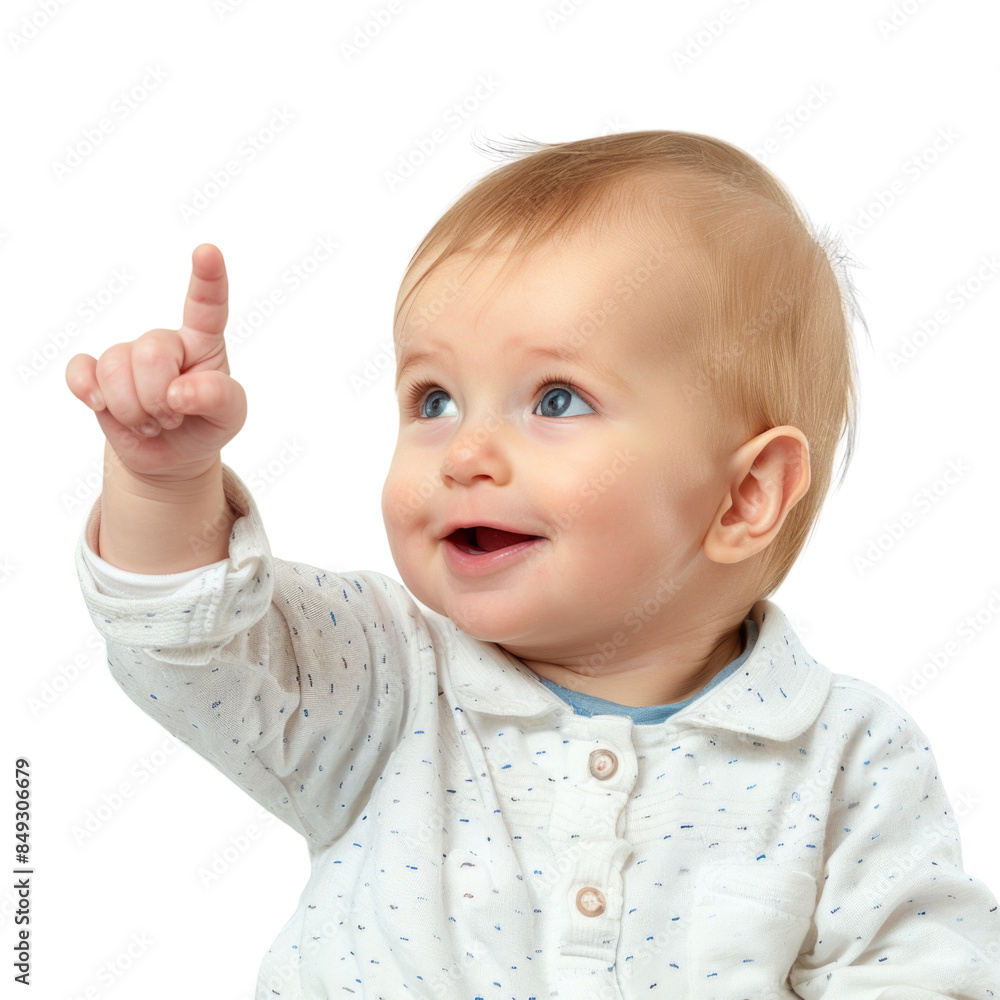 Lovey baby pointing to choose and press white background Lovey baby pointing to choose and press white background