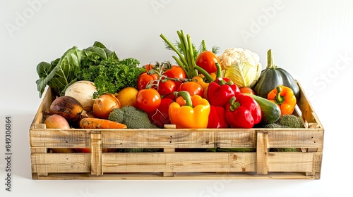 A wooden crate filled with a colorful assortment of fresh vegetables in a studio setting. This vibrant collection includes tomatoes, bell peppers, and kale. It showcases healthy eating