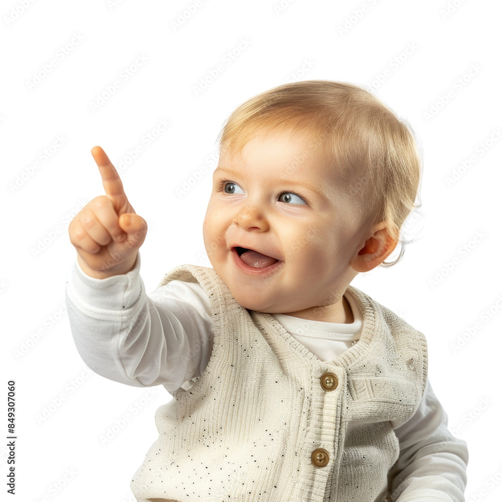 Lovey baby pointing to choose and press white background