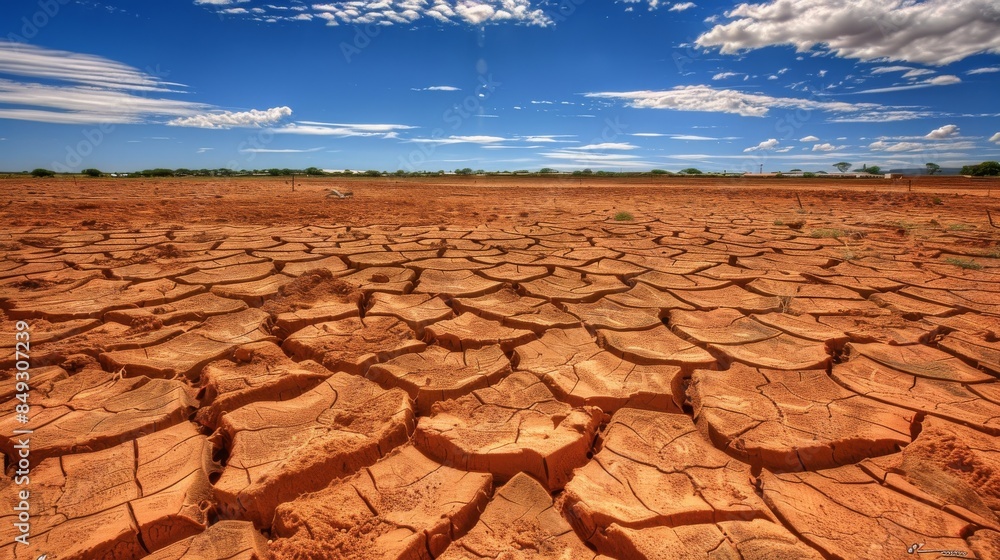 Fototapeta premium Cracked Dry Earth Under Blue Sky: Impact of Drought