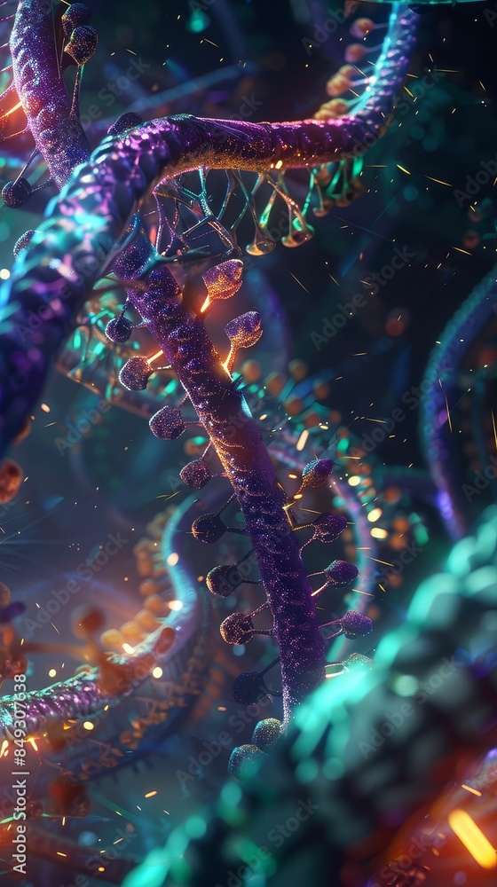 A digital illustration of gene editing with CRISPR technology, futuristic, vibrant, detailed, genetic engineering