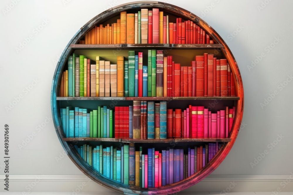 Obraz premium whimsical round bookshelf filled with colorful books interior design concept