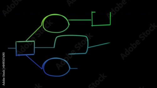 Block diagram, analysis scheme, flow chart self drawing animation. Animated blue and green infographics on black background.	 photo