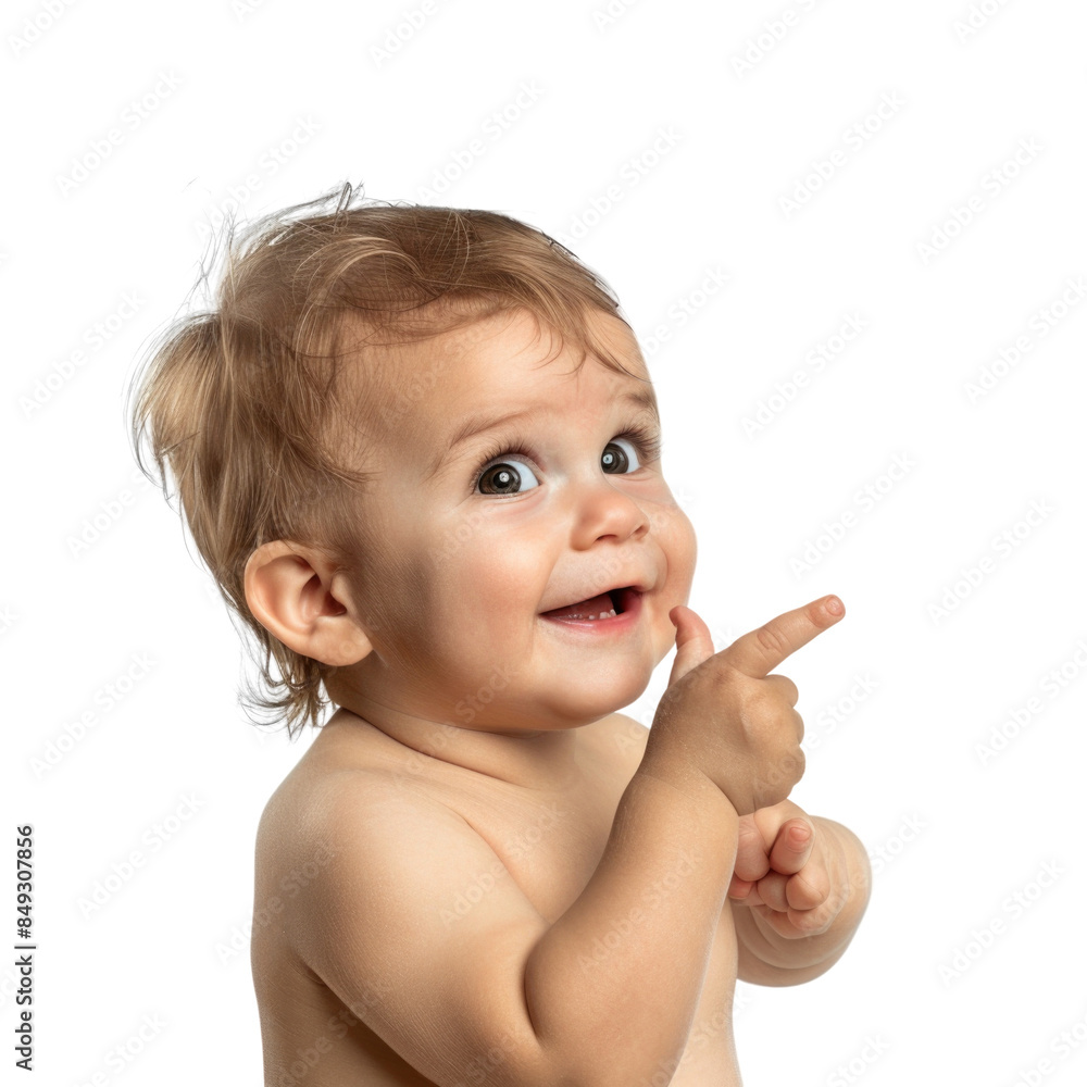 Lovey baby pointing to choose and press white background Lovey baby pointing to choose and press white background