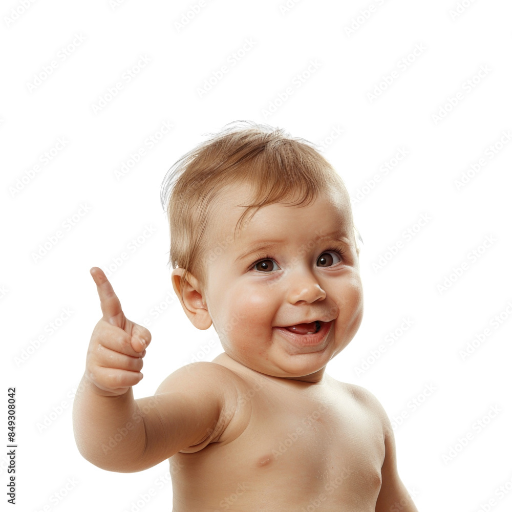 Lovey baby pointing to choose and press white background Lovey baby pointing to choose and press white background